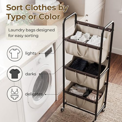GRANNY SAYS 3 Tiered Laundry Sorter, Narrow Hamper Cart with Wheels, Sand - color: Light Khaki