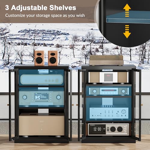 Metal Media Cabinet with 13-Color LED Lights, Stereo Cabinet with Glass Doors & Adjustable Shelves Audio AV Rack with Cable Management, Black - color: Black, style: FloorSeal + RGB Lights