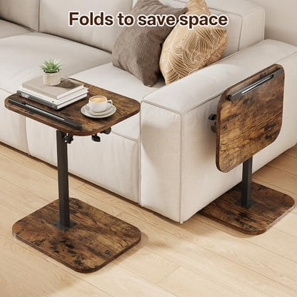 TV Tray Table, Sofa Side Armrest Tray, C Shaped End Table | Adjustable Height, Flip-Top, Snack Side Table with 360° Swivel and 180° Tilt, for Couch, Small Spaces, Bed, Chair, Brown - color: Brown