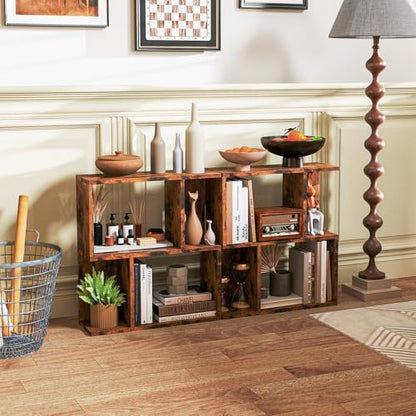 22’’ H Geometric Bookshelf, 2-Tier S-Shaped Floor Bookcase, Freestanding Open Display Book Shelf for Small Spaces, Low Side Table for Living Room & Bedroom (1, Rustic Brown) - color: Rustic Brown