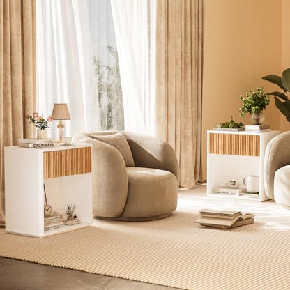 Modern Fluted Nightstand Set of 2 for Bedroom, Mid Century Bedside Table with Drawer & Open Shelf, Wood End Table, Farmhouse Night Stand for Home, Hallway, Office, White - color: White