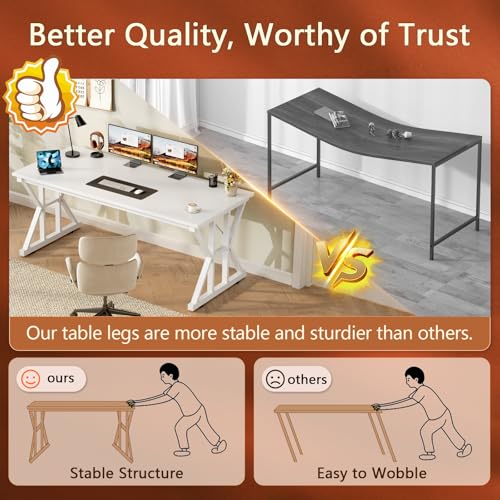 TVU Computer Desk, 55 inch Large Office Desk, Study Writing Table with Thicken Frame, Gaming Desk, Modern Simple Desk for Home Office, White - color: White, size: 55inch