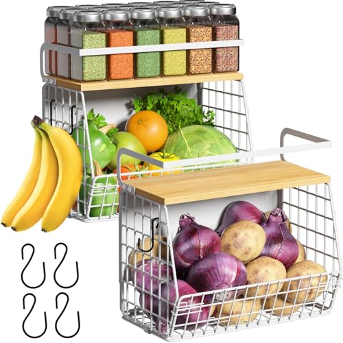 Magnetic Shelf for Fridge with Wood Lid, Fruit Potato and Onion Storage Bins, Pantry Organizers & Storage, Large Container Magnetic Spice Rack for Refrigerator, Kitchen Counter (White, 2) - color: White, size: 2-Small