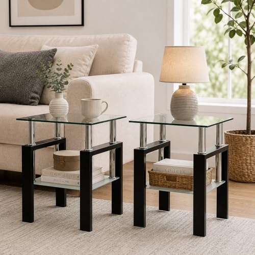 Meihua 2pcs Glass Side Table for Small Space, Square Glass End Table, 2-Tier Modern Nightstand with Metal Legs for Living Room & Bedroom - color: Clear Glass + Black Leg, size: Set of 2