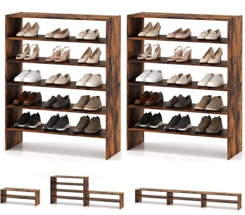 POWERSTONE 6-Tier Stackable Shoe Rack, 3-in-1 Shoe Shelves, Rustic Brown, 2 | Free Standing Adjustable Shoe Storage Organizer for 18 Pairs, 31'' Wide Wood Shoe Shelf for Closet, Entryway, Living Room - color: Rustic Brown, size: 2 Pack