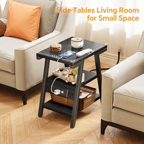 Side Table with Charging Station,3-Tier Small End Table,Lucky 7 Metal Shape | 2 AC Outlets + 2 USB Ports, Adjustable Feet, Nightstand for Bedroom, Living Room, Couch, Narrow Spaces, Black - color: Black
