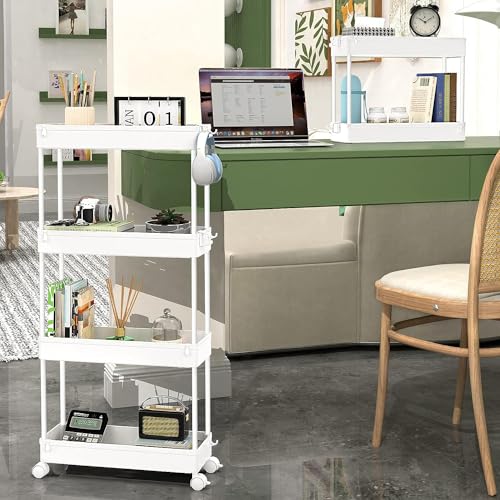 SPACEKEEPER Slim Rolling Storage Cart 4 Tier Bathroom Organizer Mobile Shelving Unit Utility Cart Tower Rack for Kitchen Laundry Narrow Places, White - color: White