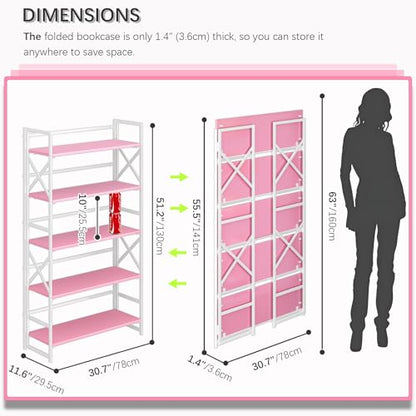 4NM Extra Wide 5 Tiers No Assembly Book Shelves, 51.2" H Folding Bookshelf Bookcase Open Industrial Foldable Shelves for Bedroom, Living Room, Home Office - Pink White - color: Pink White, size: Wide XX 5-Tier