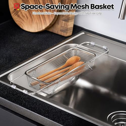 WAGENSTEIGER Extendable Dish Rack with Feet, Vegetable Colander Basket, Stainless Steel Dish or Silverware Drying Rack, Ultimate Kitchen Organizer Over the Sink (12.40 x 5.12 x 2.36 Inches) - size: 12.40 x 5.12 x 2.36 Inches