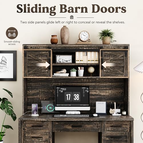 61" Farmhouse Executive Desk with Hutch & Charging Station, Wooden Computer Desk with 2 Sliding Barn Doors, 5 Drawers & Storage Cabinet with Adjustable Shelf for Home Office, Bedroom (Rustic Gray-01) - color: Rustic Gray-01
