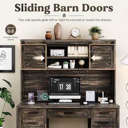 61" Farmhouse Executive Desk with Hutch & Charging Station, Wooden Computer Desk with 2 Sliding Barn Doors, 5 Drawers & Storage Cabinet with Adjustable Shelf for Home Office, Bedroom (Rustic Gray-01) - color: Rustic Gray-01