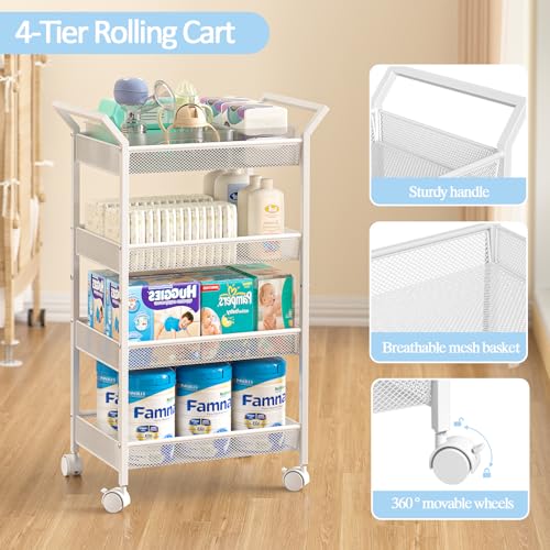 Baby Diaper Caddy Cart, 4-Tier Diaper Caddy Organizer and Storage, Rolling Utility Cart for Baby Supplies, Diaper Cart with Wheels for Bedroom, Nursery, Changing Table, White