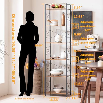 HCHQHS Narrow Bookshelf, Adjustable 6-Tier Industrial Bookcase, Rustic Open Book Shelf, Freestanding Tall Bookshelves with Metal Frame - color: Rustic Brown, size: 6-Tier (16.5"W x 70.2"H, Adjustable)