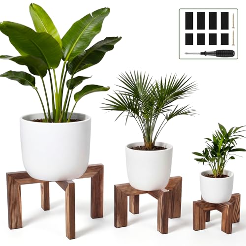 Pinkunn 3 Pcs Wood Plant Stand Indoor Plant Stand for 3-12 Inch Pots Mid-century Modern Plants Stool Plants Pot Holder Home Decor for Balcony Living Room Office Courtyard Detachable(Classic Style) - style: Classic Style