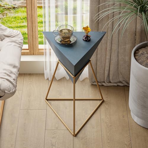 COZAYH Modern Geometric End Table with Wooden Top and Golden Metal Base, Unique Pyramid Side Table Plant Stand for Office, Living Room, Bedroom, Fully Assembled, Triangle, Blue - color: Blue