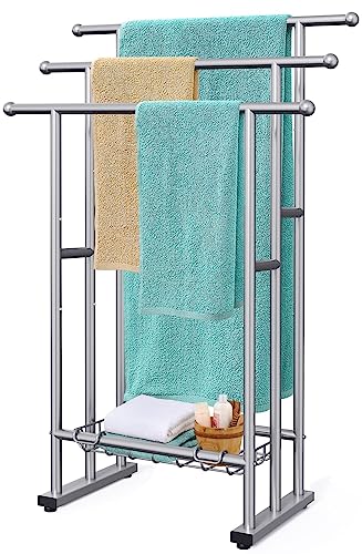 Kayfia 40'' Freestanding 3 Tier Alloy Steel Towel Rack with Storage Basket | Dual-Use Drying & Display Rack, Holds Oversized Bath Towels & Blankets, Fits Bathroom, Tub, Shower, Poolside, Silver - color: Grey