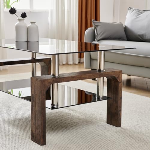 Living Room Rectangle Coffee Table, Tea Table Suitable for Waiting Room, Modern Side Coffee Table with Wooden Leg, Glass Tabletop with Lower Shelf.(Black Brown) - color: Black Brown