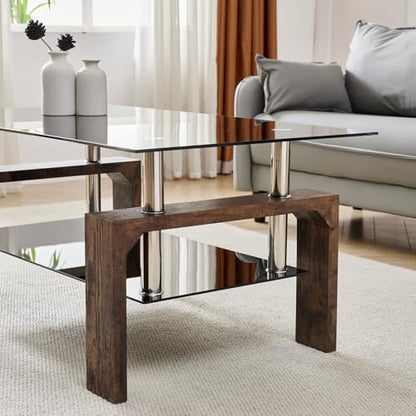 Living Room Rectangle Coffee Table, Tea Table Suitable for Waiting Room, Modern Side Coffee Table with Wooden Leg, Glass Tabletop with Lower Shelf.(Black Brown) - color: Black Brown