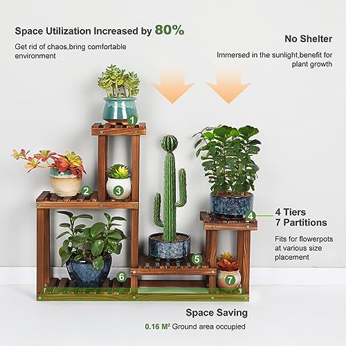 Pine Wood Plant Stand Indoor Outdoor Multi Layer Flower Shelf Rack Higher and Lower Plant Holder in Garden Balcony Patio Living Room (4 Tiers )
