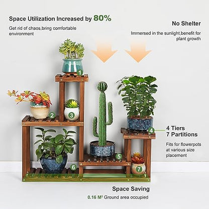 Pine Wood Plant Stand Indoor Outdoor Multi Layer Flower Shelf Rack Higher and Lower Plant Holder in Garden Balcony Patio Living Room (4 Tiers )