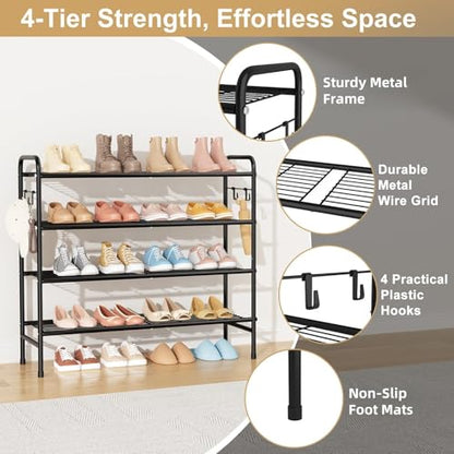 VILICK 4-Tier Shoe Rack 33" Wide Metal Shoe Organizer Long Shoe Storage with 4 Side Hooks Sturdy Shoes Shelf for Closet, Front Door Entrance, Garage, Dorm, Black - size: 4-Tier (11"x 33"x 30.5")