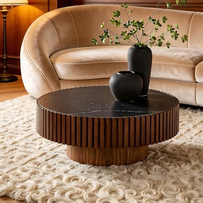 Round Coffee Table Walnut Ø35.43'' X 13.77''H Drum Coffee Tables Sintered Stone Tabletop for Living Room Small Space Fluted Circle Cocktail Tea Modern Center Apartment Home Furniture Easy Assembly - color: 35.43 Walnut Sintered