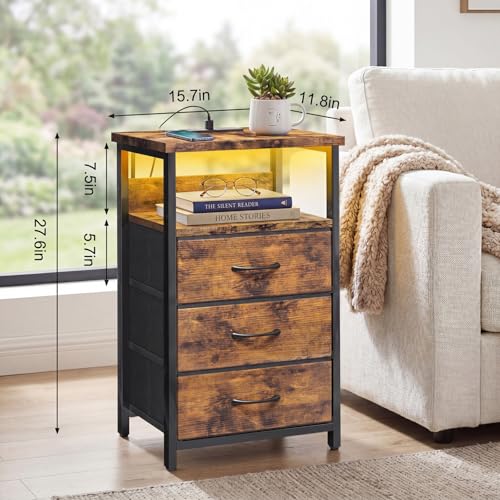 Fixwal Night Stand with Charging Station, LED Nightstand with Fabric Drawers, End Table with PU Finish, Bed Side Table, Rustic Brown - color: Rustic Brown, size: 27.6"H (3 drawers), style: Power+Light (1pc)