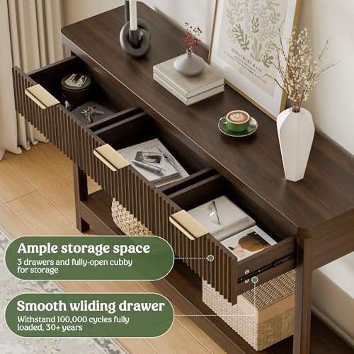 Fluted Console Table, 51 Inch Entryway Table with 3 Drawers | Scandi farmhouse look with quiet full-extension slides, open lower shelf, profile for hallway, entry, foyer or behind sofa. - color: Walnut
