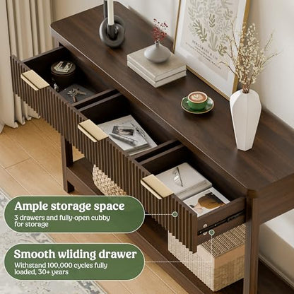 Fluted Console Table, 51 Inch Entryway Table with 3 Drawers | Scandi farmhouse look with quiet full-extension slides, open lower shelf, profile for hallway, entry, foyer or behind sofa. - color: Walnut