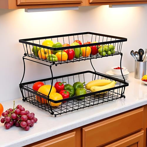 HOSY 2-Tier Metal Fruit Basket, 17-in Rectangle Black Standing Storage Rack | All-Metal, Removable Design, Tool-Free Assembly, Versatile Kitchen Countertop Organizer, Vegetables, Breads, Seasonings - size: 17-inch