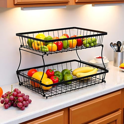 HOSY 2-Tier Metal Fruit Basket, 17-in Rectangle Black Standing Storage Rack | All-Metal, Removable Design, Tool-Free Assembly, Versatile Kitchen Countertop Organizer, Vegetables, Breads, Seasonings - size: 17-inch