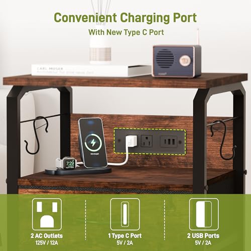 runjuly Night Stand with Charging Station, LED Nightstand with 3 Fabric Drawers and Hooks, Small End Table with Light and USB C Port, Storage Side Table for Bedroom, Rustic Brown - color: Rustic Brown, style: 3 Drawers