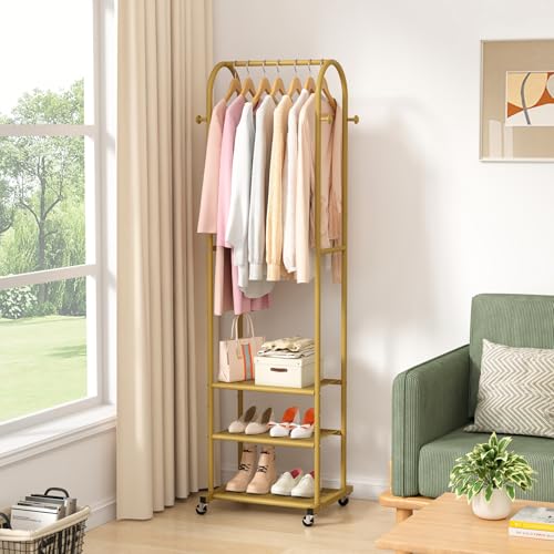Kaitiemoo Heavy Duty Clothing Rack With Wheels,Modern Garment Rack With 3 Metal Shelves, 71.8Inches Display Rack For Hanging Clothes, Hanging Rod For Small Space,Gold - color: Gold