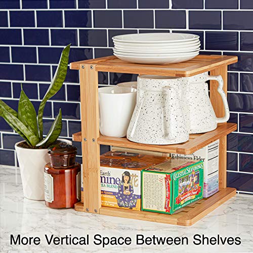 Bamboo Corner Shelf - 3 Tier 10 x 10 inch and 11.5 inches high. Kitchen Cabinet Organizer - Pantry Organization and Storage - Bathroom Countertop Shelves