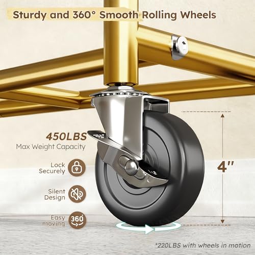 Raybee 75" W Heavy Duty Clothes Rack Load 450 LBS, Metal Garment Storage with Shelf, Lockable Wheels & Anti-Slip Stoppers, Rolling Clothing Rack for Bedroom Laundry Room, Gold - color: Gold, style: Rod Shelf