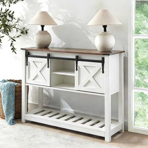 White Farmhouse Entryway Table, Rustic Hallway Table with Storage Shelf, Sofa Table with Sliding Barn Doors for Hallway, Entryway, Living Room, Foyer - color: White