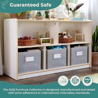Guidecraft EdQ 5 Compartment Storage 24'' White with 3 Fabric Bins: Wooden Multi-Purpose Bookcase and Toy Organizers and Storage; Homeschool and Classroom Furniture - color: White