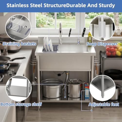Stainless Steel Utility Sink, 29.5" Single Bowl Freestanding Laundry Sink with 360° Hot & Cold Water Faucet, Hoses & Drain Kit, Outdoor/Indoor Commercial Sink for Kitchens, Garage, Laundry Room - size: 29.54" x 19.7" x 35.2"