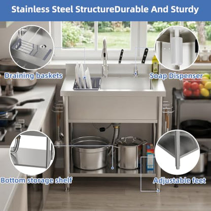 Stainless Steel Utility Sink, 29.5" Single Bowl Freestanding Laundry Sink with 360° Hot & Cold Water Faucet, Hoses & Drain Kit, Outdoor/Indoor Commercial Sink for Kitchens, Garage, Laundry Room - size: 29.54" x 19.7" x 35.2"