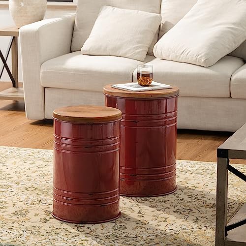 Glitzhome Rustic End Table Set of 2, Farmhouse Galvanized Metal Barrel Ottoman Storage Stool with Round Wood Lid for Living Room Furniture, Red - color: Red