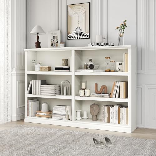 64" W Double Wide Open Shelf Bookcase, 3 Tiers 6 Storage Cube Book Shelf | Horizontal bookshelf, Display Cabinet Organizer Indoor Furniture, Home Library Office, White Adjustable Shelf - color: White, size: Double 3-Tier Bookcase