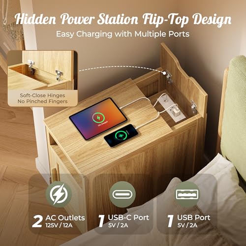 Huuger Narrow Night Stand, End Table with Charging Station, USB-C Port, Rattan Side Table with Cabinet and Open Shelf, Synthetic Rattan, for Small Spaces, Bedroom, Natural Wood - color: Natural Wood