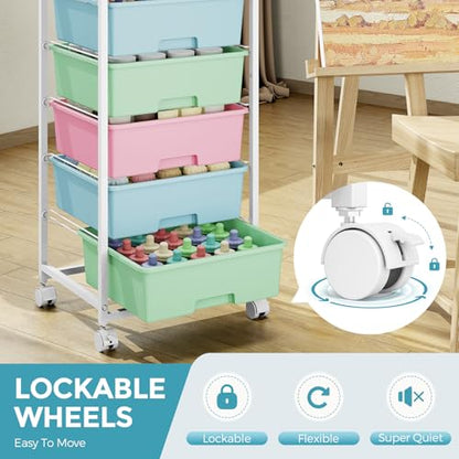 Rolling Storage Cart with 6 Drawers and Wooden Tabletop, Lockable Wheels Utility Cart for Art Studios, Office Supplies & Craft Room Organization (Rainbow) - color: Rainbow