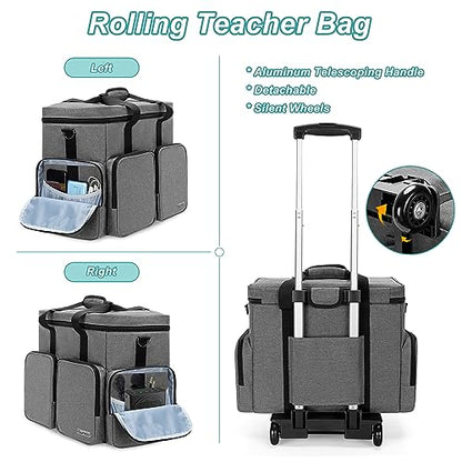CURMIO Rolling Teacher Tote Bag with Padded Laptop Compartment for up to 15.6 Inches Laptop, Wheeled Teacher Bag for Teaching, Office, Craft, Gray - color: Gray