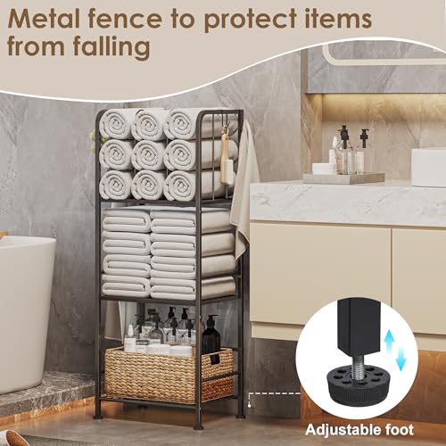 3-Tier Freestanding Cabinet Towel Rack Metal Stand, Black | M-shaped detachable dividers, three-tier versatile storage, premium anti-rust four hooks, 70 lbs heavy duty load capacity - color: Black