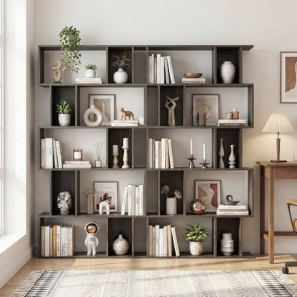 GOFLAME 5-Tier Geometric Bookshelf, 62” Tall Bookcase with 10 Open Back & Closed Back Cubes, Modern Display Book Shelf, S-Shaped Storage Organizer for Living Room, Home Office (1,Gray Oak) - color: Gray Oak