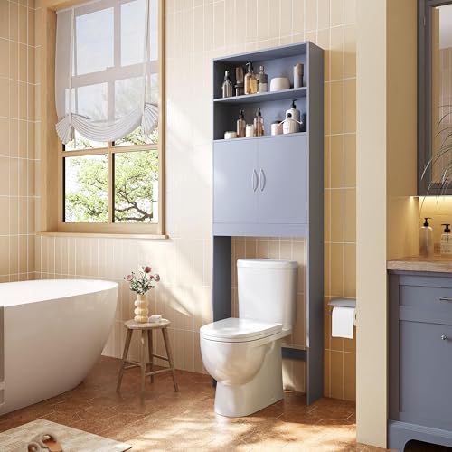Yaheetech 77'' H Over the Toilet Storage Cabinet, Bathroom Organizer, Gray | Freestanding Cabinet with Adjustable Shelf for Small Space, Slim 8'' Depth, 2 Doors Hide Clutter, Anti-Tip Kit Included