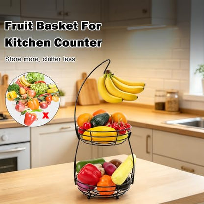 2 Tier Fruit Bowl, Stackable Fruit Basket-Vegetable Holder, Large Capacity Thick Metal Wire Basket with Banana Hanger, Kitchen Countertop Fruit Veggies Storage, Black