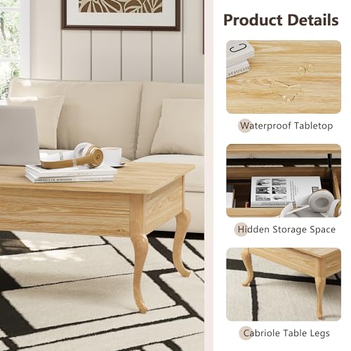 Lift Top Coffee Table, Farmhouse Coffee Table with Hidden Storage, Wood Center Table Dining Table for Living Room, Apartment, Home Office (Natural)