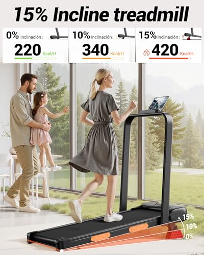 Walking Pad Treadmill with Handle Bar - 2.5HP Quiet Folding Treadmill for Home Office Under Desk Portable Walking Pad with 15% Incline 300LBS Capacity